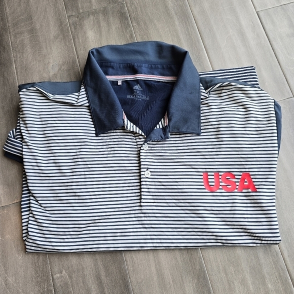 Adidas‎ Polo Shirt Mens SZ 2XL Blue Gray Striped Short Sleeve Casual Golf USA